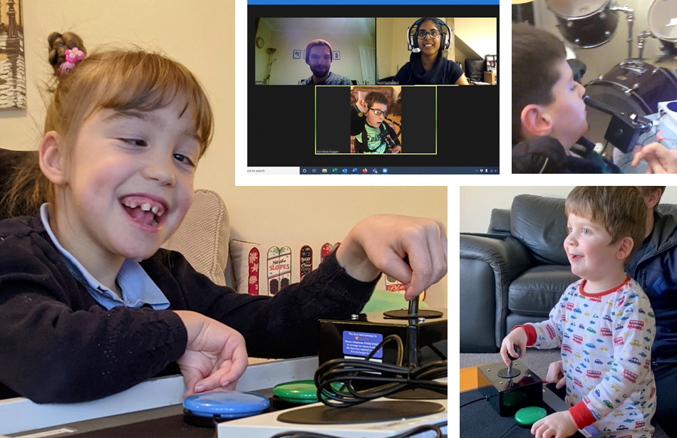 montage of three children and video call