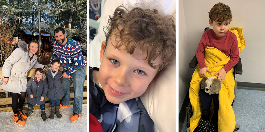 three images: boy in hospital and family group