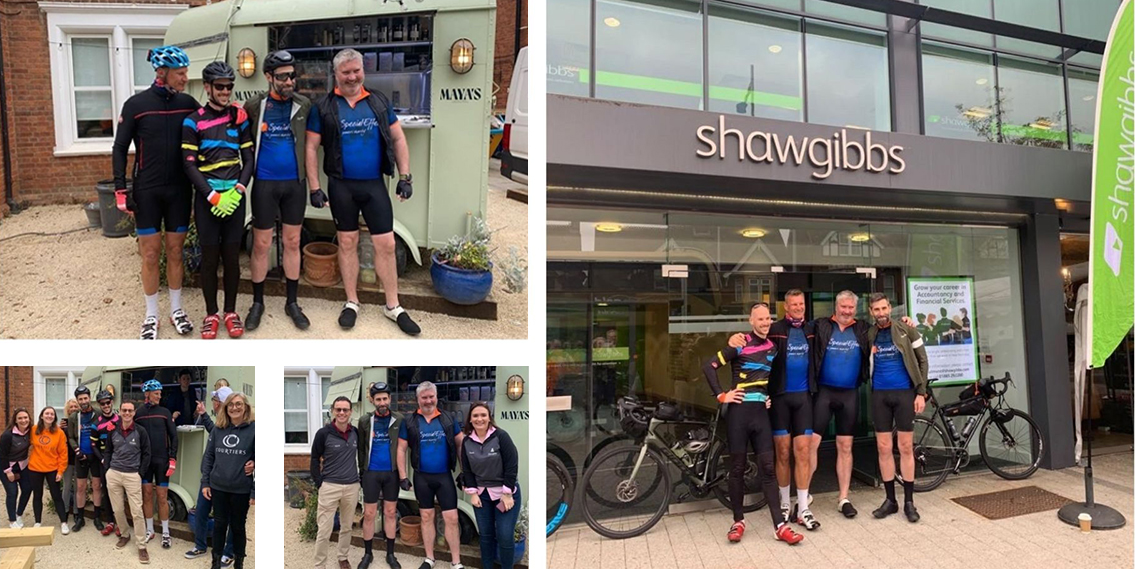 Montage of four images of cyclists and colleagues in front of buildings