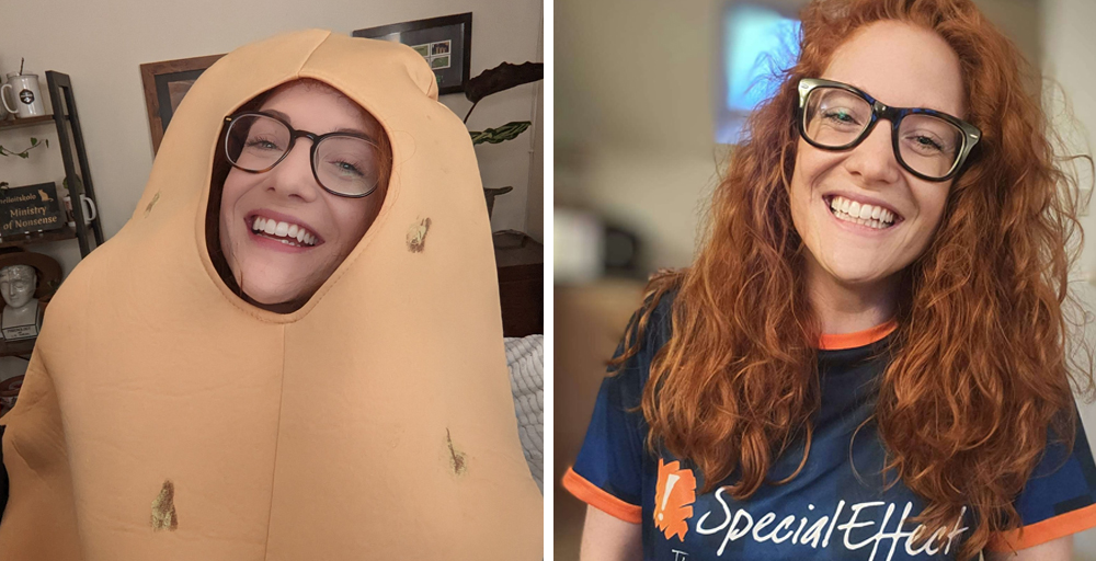 Two frames: smiling woman in potato costume, same woman in SpecialEffect t-shirt