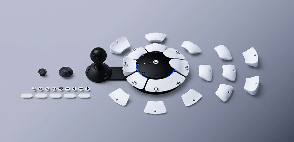 Circular accessible gaming controller with accessories placed around it