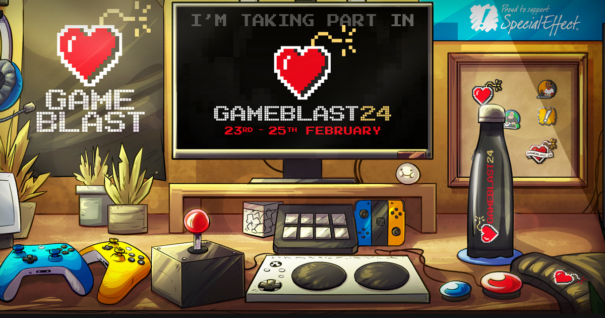 Illustration of a gamer busy desk inc a monitor with the GameBlast logo