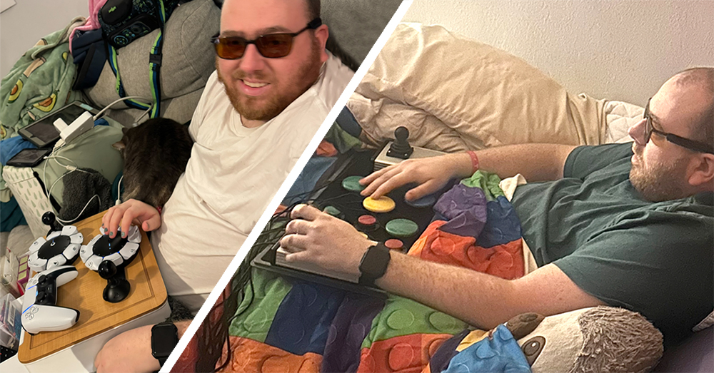 Split image, both with reclining man using accessible gaming setups, one with buttons, one with circular controllers