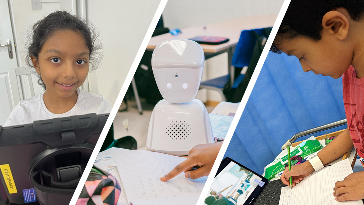 Three images: a girl smiles over the top of a screen, a small robot on a desk, a young boy writing and looking at a tablet screen