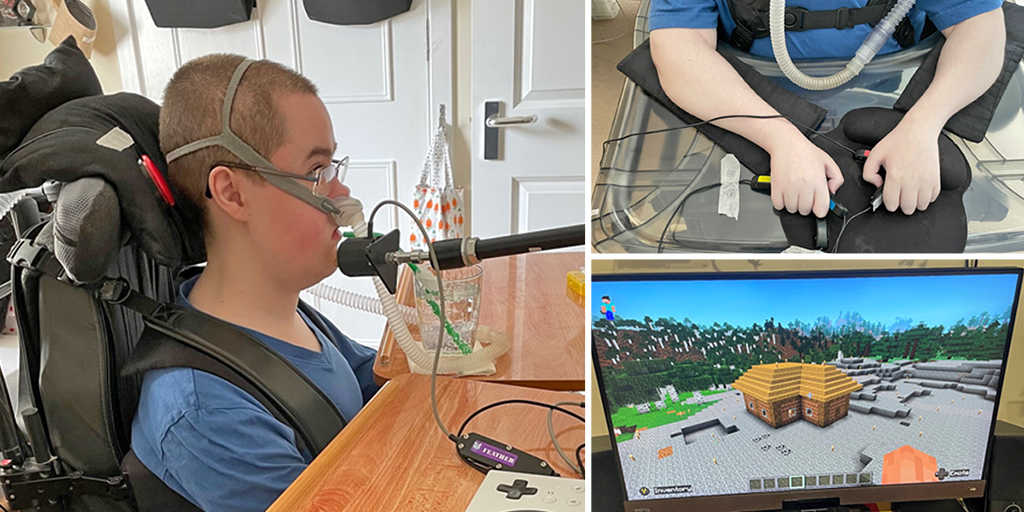 Three images showing a seated boy with ventilator playing Minecraft using an adapted gaming setup