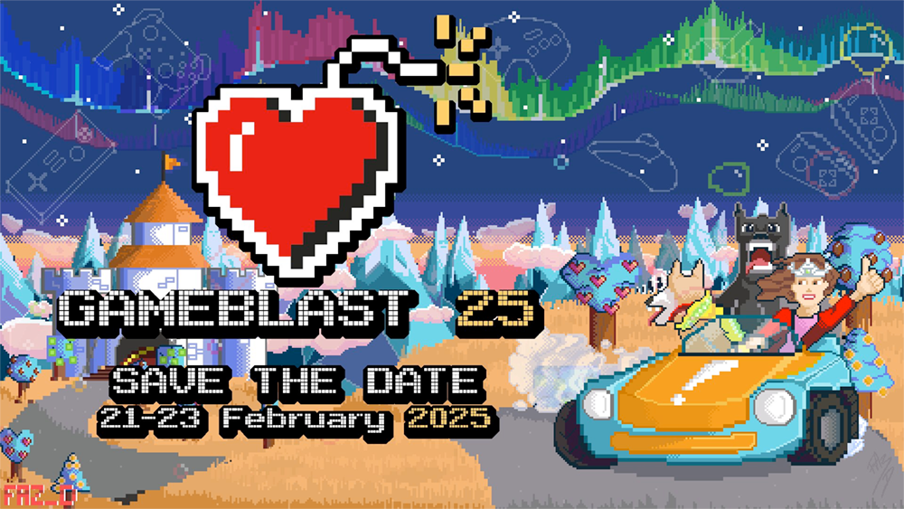 Event logo and dates with pixelart fantasy background with car driven by young girl