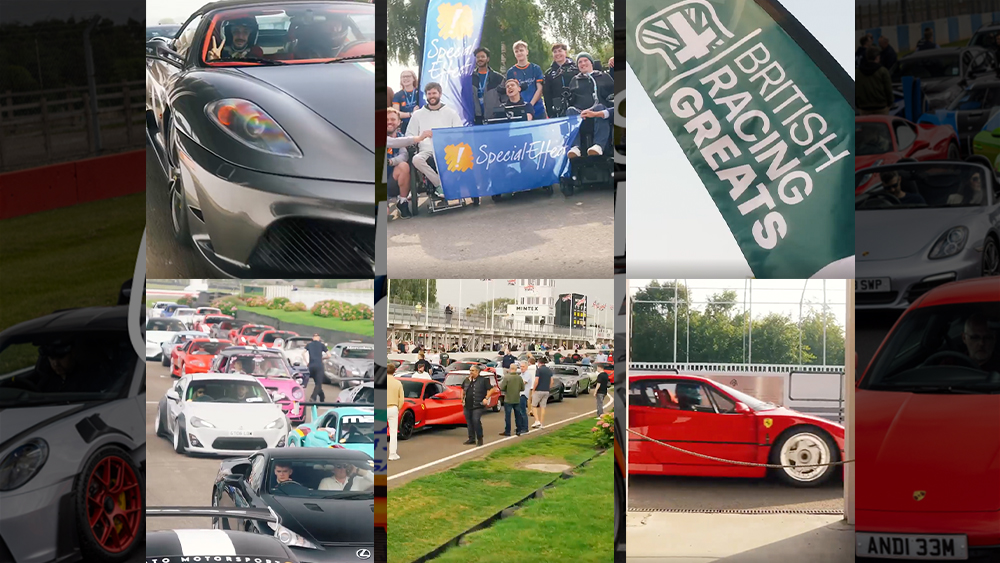 montage of six images from a motor racing track day showing cars, flags and groups of people