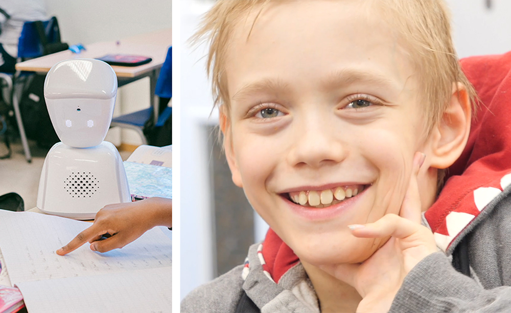 A close-up image of Elliot's smiling face during a visit to SpecialEffect, and a library image of an small AV1 robot on a desk in a classroom