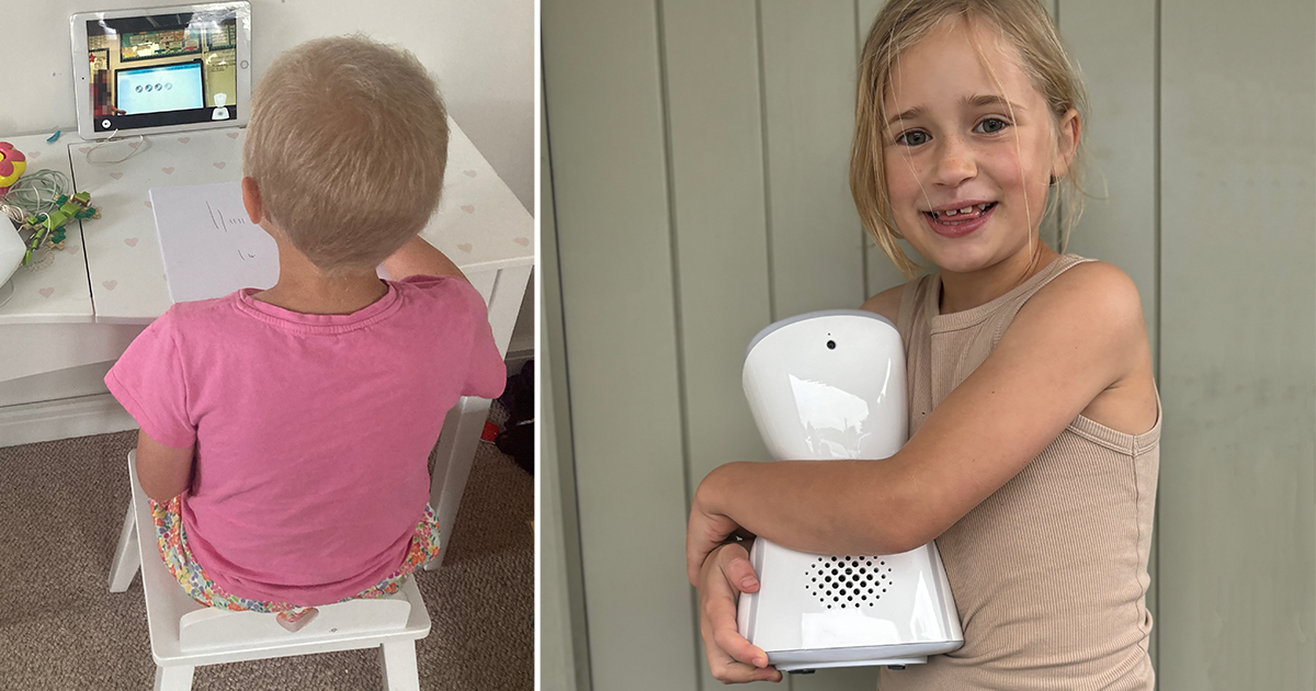 Young girls hugging a small robot, inset shows girl sitting at desk looking at a school lesson on a tablet computer