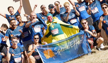 Cheering crowd of smiling runners