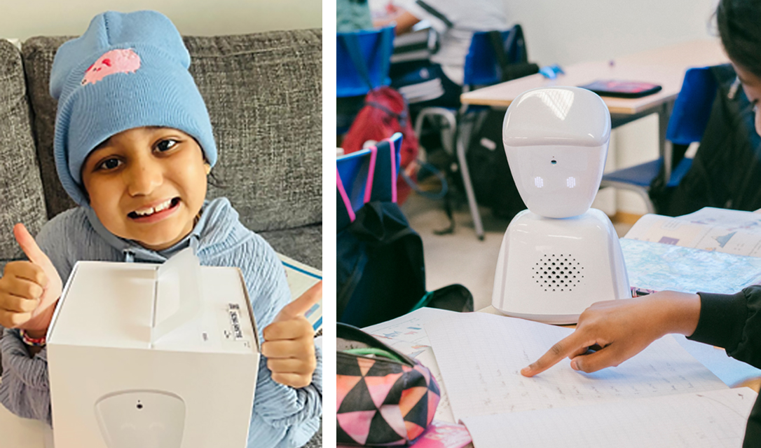 Young girl giving the thumbs up to a small robot, and an image of the robot on a classroom desk.