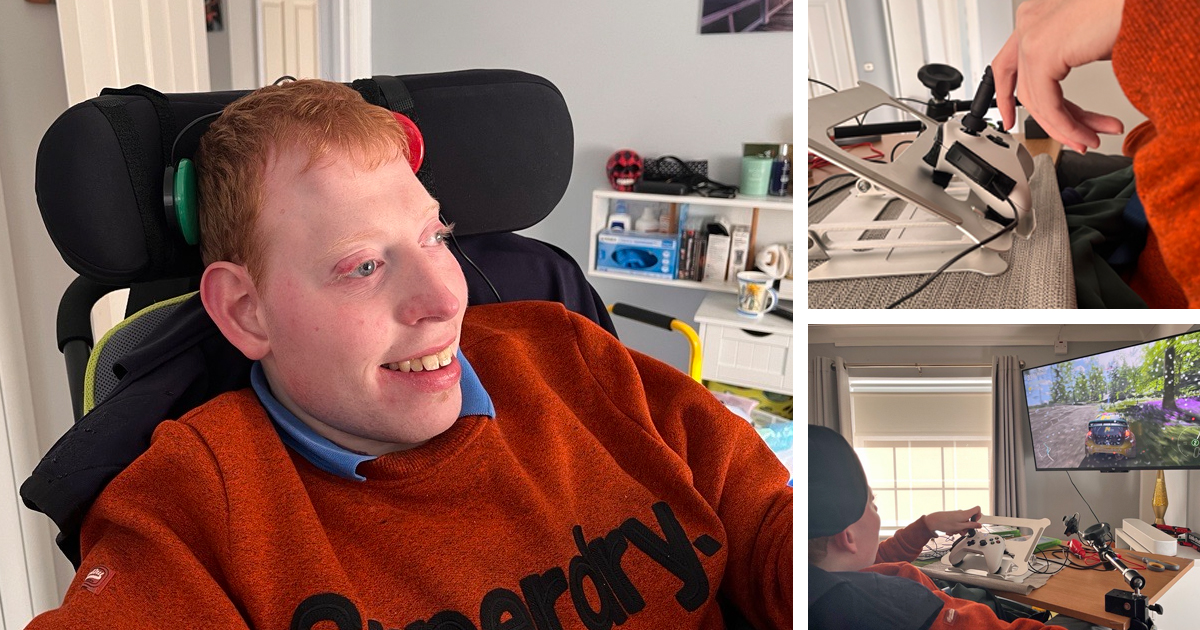 Three images: the face of a smiling young man in a wheelchair, and two smaller images of a supported gamepad with a joystick extension.