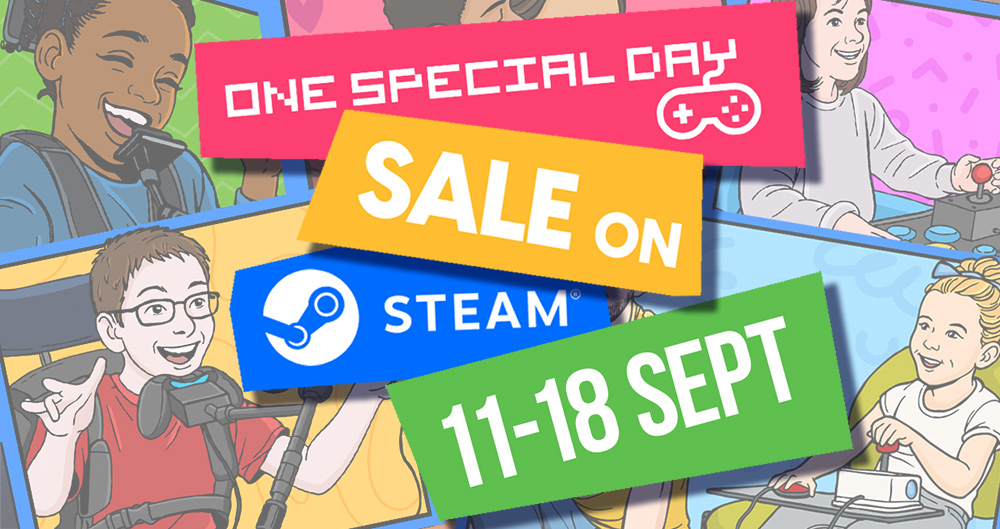 Title montage of smiling faces, text reads One Special Day Sale on Steam, 11-18 September