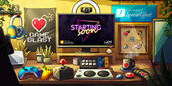 Illustration of game station with Starting Soon on computer screen