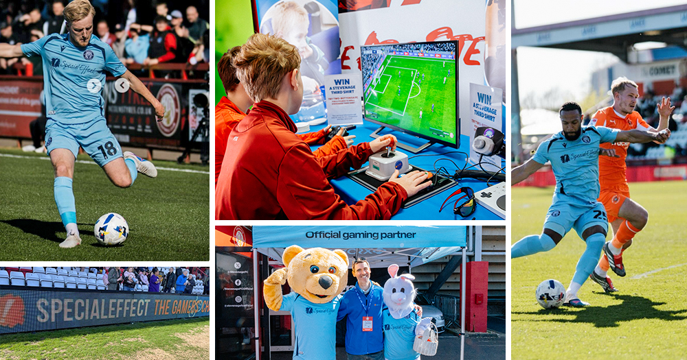 Montage of players and charity supporters at a football match
